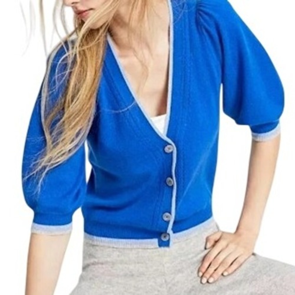 Charter‎ Club Luxury Blue 100 Cashmere Cardigan Sweater Puff Sleeve M